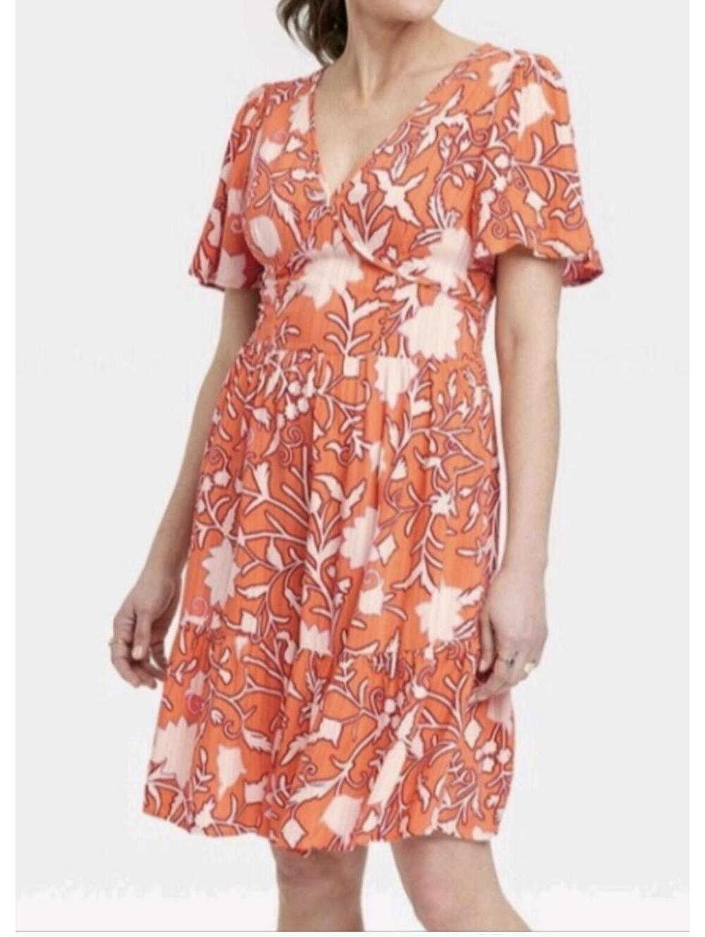 Knox Rose Boho Orange and White Floral Flutter Sleeve Tiered Dress M